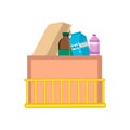 Box with food in the trunk basket on white background. Box with milk, eggs and water. Grocery delivery concept. Vector