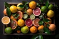 A box of fresh citrus fruits including lemons, limes and oranges Royalty Free Stock Photo