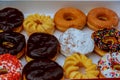 Box full of doughnuts, a dozen donuts Royalty Free Stock Photo