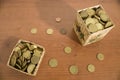 Box full of euro coins on a wood table