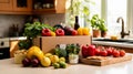 Box full of food in concept delivery and donation box. Cardboard box full of colorful fresh vegetables, fruits and other Royalty Free Stock Photo