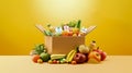 Box full of food in concept delivery and donation box. Cardboard box full of colorful fresh vegetables, fruits Royalty Free Stock Photo