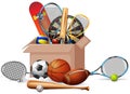 Box full of sport equipments on white background