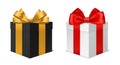 Box gift with bow. Black and white 3d luxury presents with red and gold bows. Holiday and birthday surprises. Closed cardboard Royalty Free Stock Photo