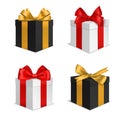 Box gift with bow. Christmas black and white presents with red and gold bows. 3d luxury gifts for holidays and birthday Royalty Free Stock Photo