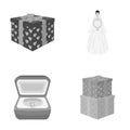 A box with a gift for a wedding, a bride in a veil and a dress, a ring in a diamond engagement ring with a diamond Royalty Free Stock Photo
