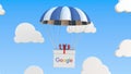 Box with GOOGLE logo falls with a parachute. Editorial 3D rendering Royalty Free Stock Photo