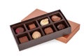 Box of gourmet bonbons, aka bon-bons and truffles isolated on white Royalty Free Stock Photo