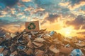 A box with a green recycling symbol on it is on top of a pile of trash Royalty Free Stock Photo