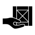 Box and hand solid icon. Hand delivery vector illustration isolated on white. Manual delivery glyph style design Royalty Free Stock Photo