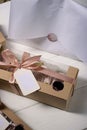 Box with homemade marshmallows. Marshmallow flowers. Craft packaging. Tied with a ribbon.
