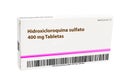 Box of hydroxychloroquine sulphate tablets 400 mg artistic rendering. Text in Spanish Hidroxicloroquina sulfato 400 mg Tabletas