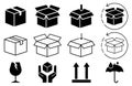 Box icon set in line style, delivery box, Package, export boxes, cargo box, return parcel, open package, with black fragile symbol