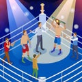 Box isometric composition with view of boxing ring with human characters of boxers referee and hosts vector illustration