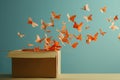 A box with its lid open, as a multitude of orange butterflies emerge and take flight into the air, Gift box with paper butterflies