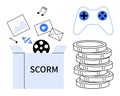 SCORM Box Concept with Digital Media, Coding, Gaming, and Monetization Elements Royalty Free Stock Photo