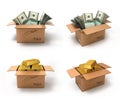 Box with large dollars bills and gold bullions 3d render on whit Royalty Free Stock Photo