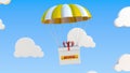 DHL logo on moving box moves under parachute. Editorial 3D rendering Royalty Free Stock Photo