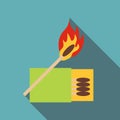 Box of matches and burning match icon, flat style Royalty Free Stock Photo