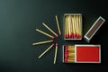 Box matches stick in red paper box on black background. Royalty Free Stock Photo
