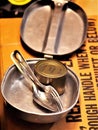 Box of Militay MRE`s, C-rations and Mess kit. Royalty Free Stock Photo