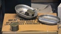 Box of Militay MRE`s, C-rations and Mess kit.