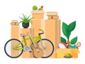 Box mowing new home concept vector illustration. Boxes in empty room with bike toys book pot. Property packaging or