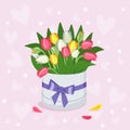 Festive decoration. Gift or Box with tulips and ribbon for Valentine\'s Day Women\'s Day Mother\'s Day