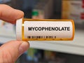 Box of MYCOPHENOLATE tablets on a hospital pharmacy table used to prevent organ Royalty Free Stock Photo