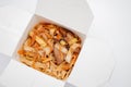 Box with noodles and pork. Opened take out box. Lunch food box Royalty Free Stock Photo