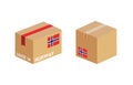box with Norway flag icon set, cardboard delivery package made in Norway