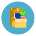 Box With Office Stuff Icon On Blue Round Background