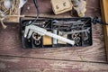 Box with old carpentry tools and accessories Royalty Free Stock Photo