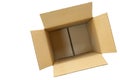 The box is open on a white background made of cardboard. Box is empty. Top view. Copy space Royalty Free Stock Photo