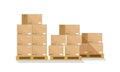 Box on pallet in warehouse. Carton parcel for storage and cargo. Cardboard boxes in front on wooden palettes. Icon of delivery,