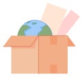 Box with papers and globe. School supplies container