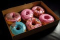 Box of pink slightly melting messy colourful mixed glazed donuts. Generative AI