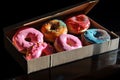 Box of pink slightly melting messy colourful mixed glazed donuts. Generative AI