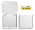 Box pizza. Closed and open square pack, top view paper white empty carton mockup for pizzeria, meal delivery or takeaway