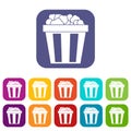 Box of popcorn icons set