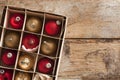 Box of red and gold Christmas baubles Royalty Free Stock Photo