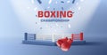 Box ring, arena for sports fighting 3d illustration with spotlights and confetti, boxing gloves, winner celebration Royalty Free Stock Photo