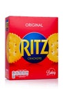 A box Ritz Crackers. Introduced in 1934 by Nabisco, the circular crackers are lightly salted with scalloped edges.