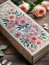 Box with roses on wooden background. Vintage style toned picture