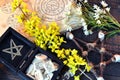 Box with runes, pentagram and flowers on green witch table