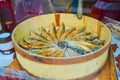 The box with salted sardines in a stall of Abastos Market, El Puerto, Spain Royalty Free Stock Photo