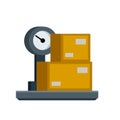 Box is on scale. Weighing of cargo and parcels. Logistics and delivery