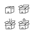 Box set flat line icons. Vector illustration open and close cardboard box with inward arrow and outward arrow. Loading