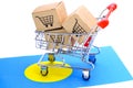 Box with shopping cart logo and Palau flag : Import Export Shopping online or eCommerce finance delivery service store product shi