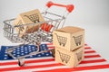 Box with shopping cart logo and USA america flag, Import Export Shopping online or eCommerce finance delivery service store Royalty Free Stock Photo